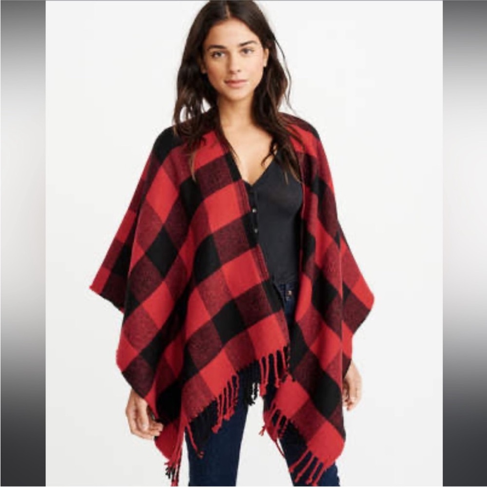 Abercrombie & Fitch A&F Buffalo Check Fringe Red and Black Poncho Cape
